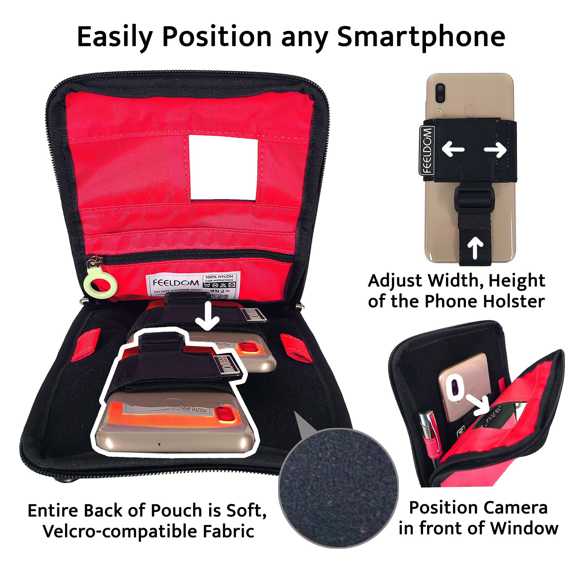 A square zippered case is open to reveal a bright red lining and one side a black, soft velcro material where the phone holster can be attached freely. Diagram shows to line up the camera with the small window on the front. 