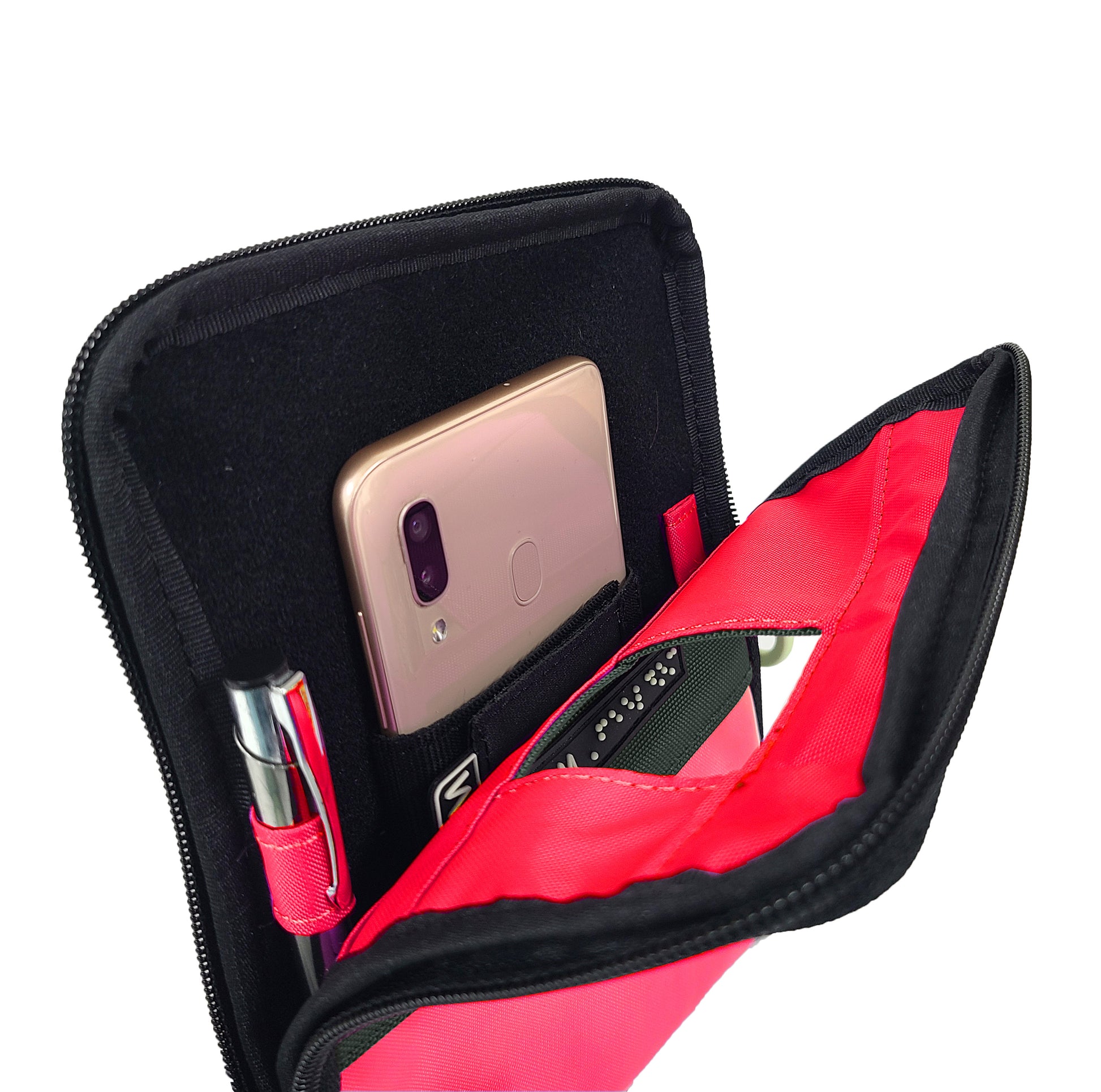 An angled open view of the Navi badge zippered pouch with the phone secured along the velcro panel, and a pen is in the pen loop on the side.