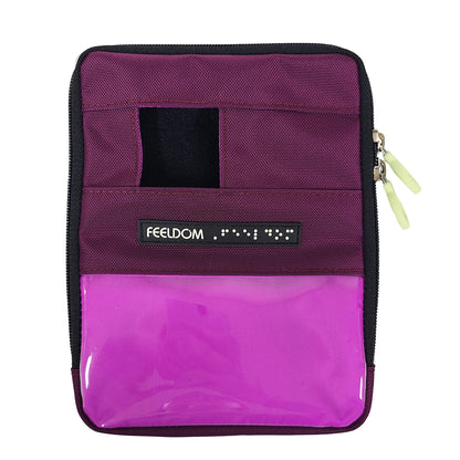 Front view of the Navi Badge, Purple wine color with a bright purple lining showing through the clear plastic 3 x 5 inch badge window along the lower half. There is a braille Feeldom logo label along the middle of the pouch.