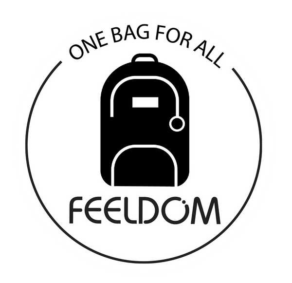 White Circle with Black logo and text: Bold Black Silhouette of a backpack with a zipper ring. Black text above reads "one bag for all" and FEELDOM in all caps below