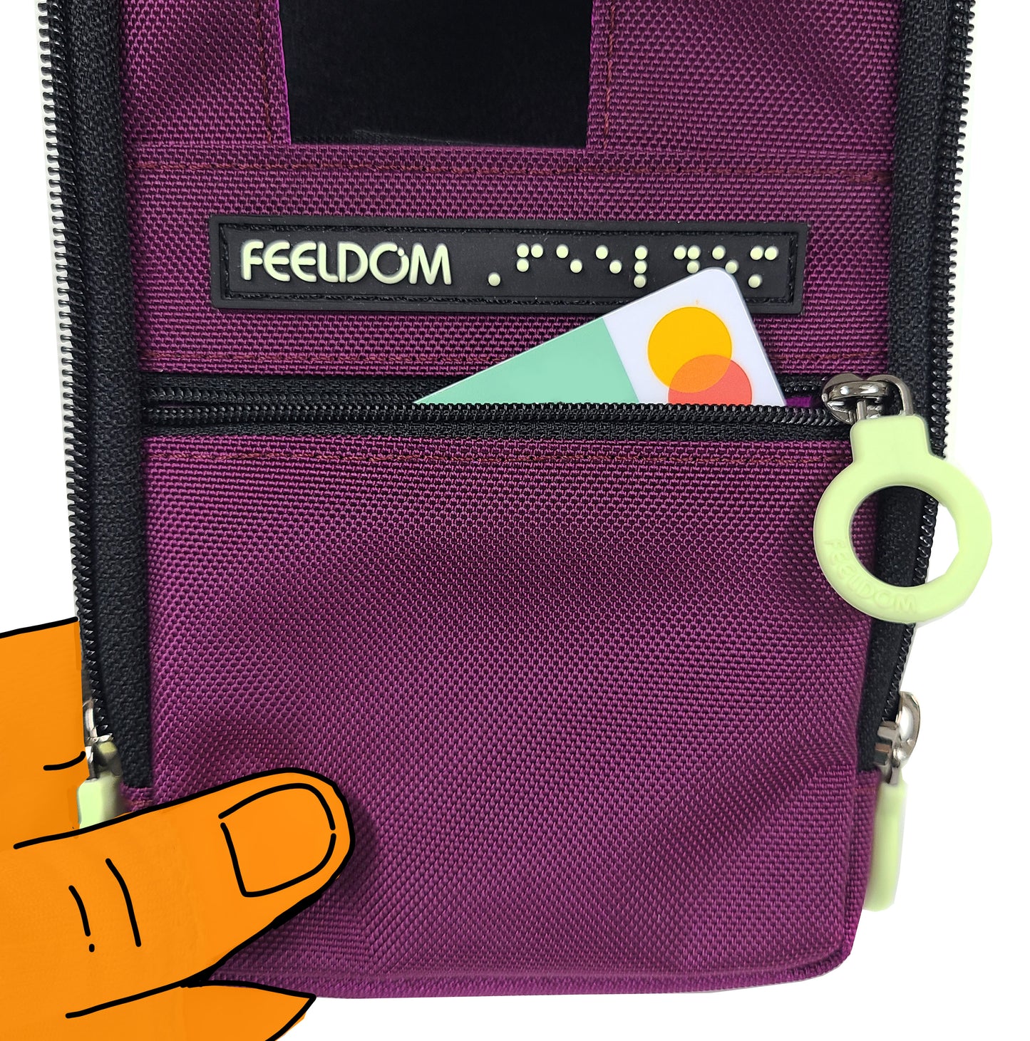 Detail of the front zipper pouch on the Navi Pal shows a credit card going inside.