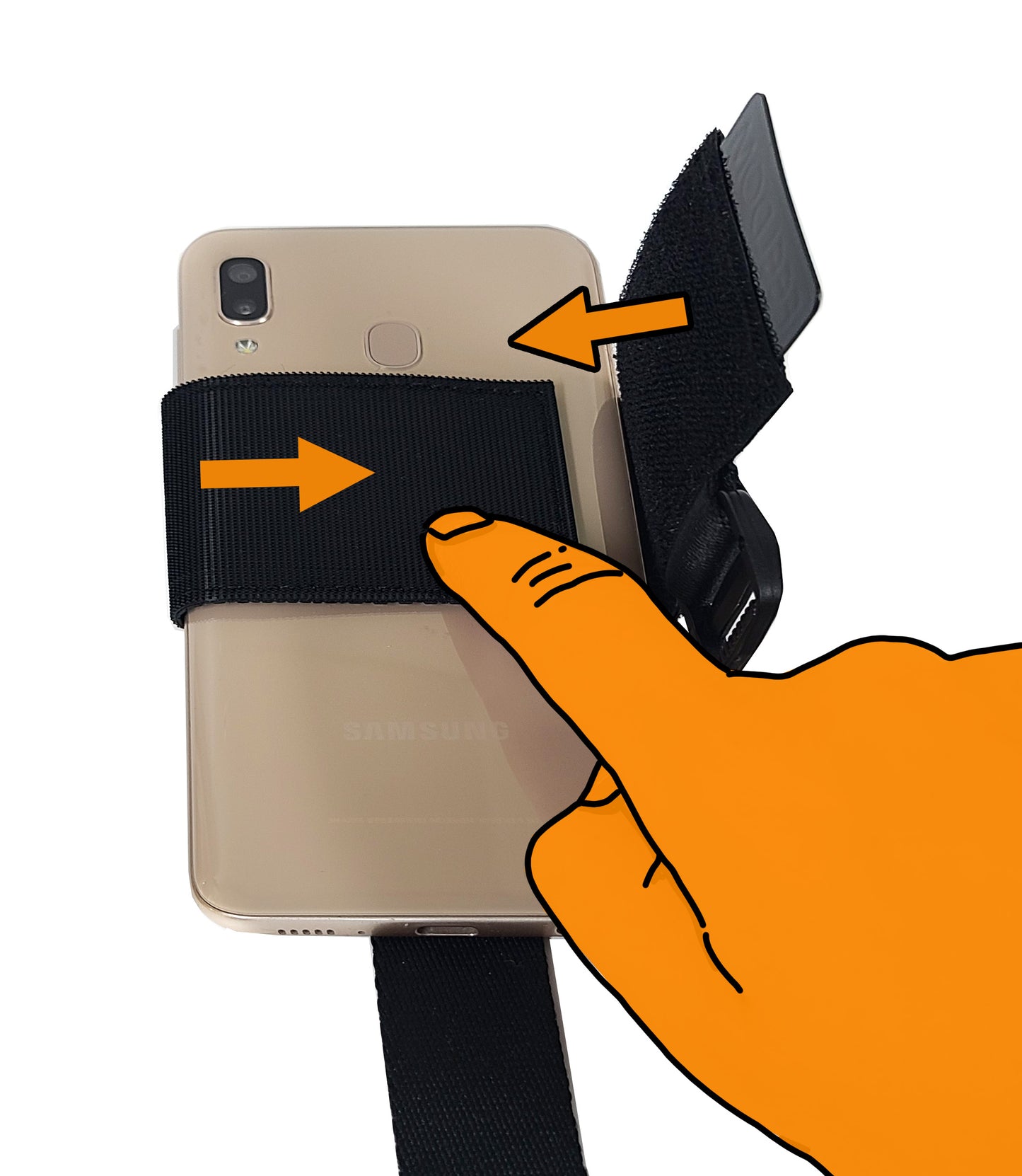 Instructions:  Step 2 for putting the phone in the holster. Fold the left flap over first, then the right flap will fold over tightly to secure.