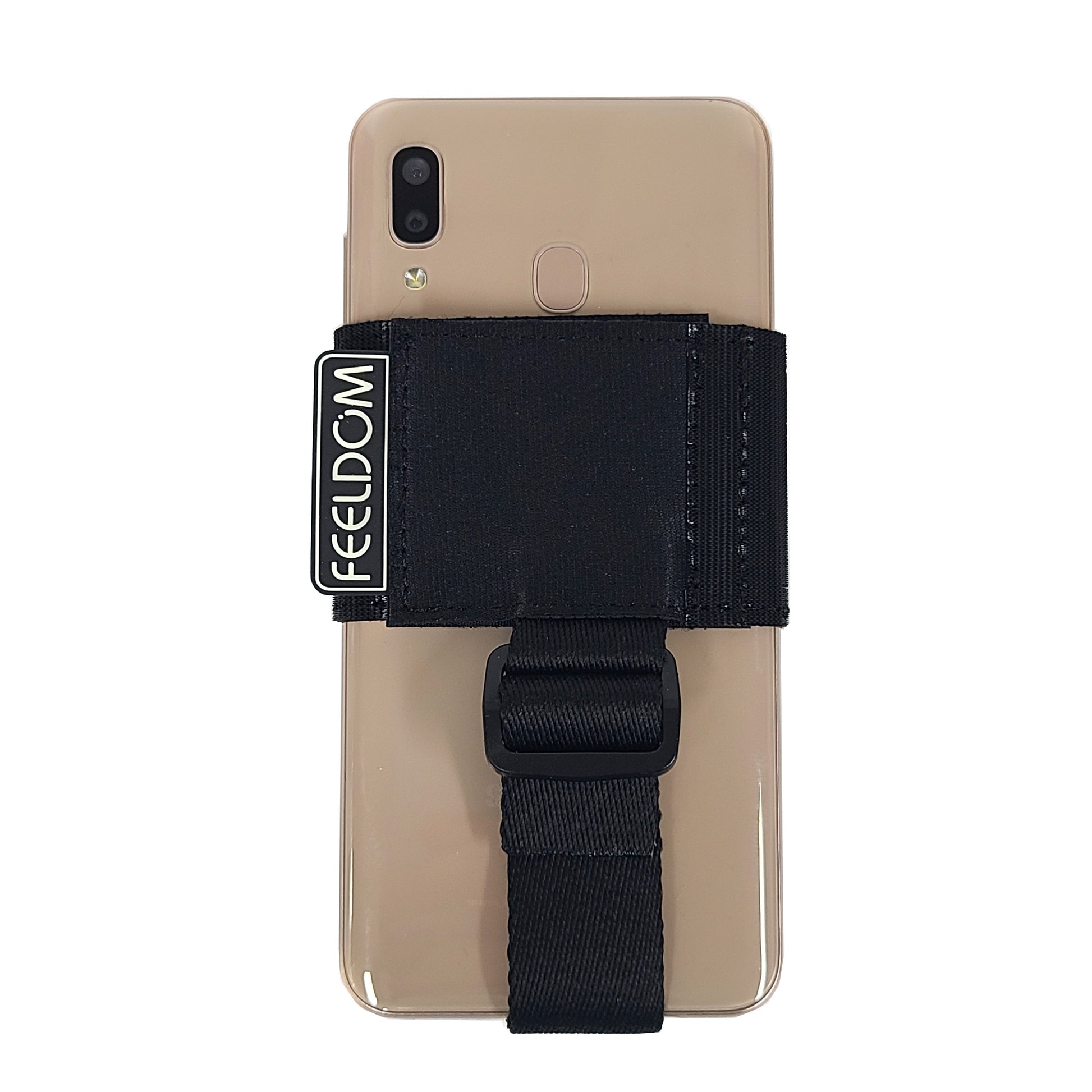 A large smartphone is secured in the phone holster, which is a 2 inch wide velcro strip around the middle of the phone.  A thinner, adjustable strap runs from the middle of the holster around the bottom and back up to the other side, so that the phone can sit securely at the desired height.