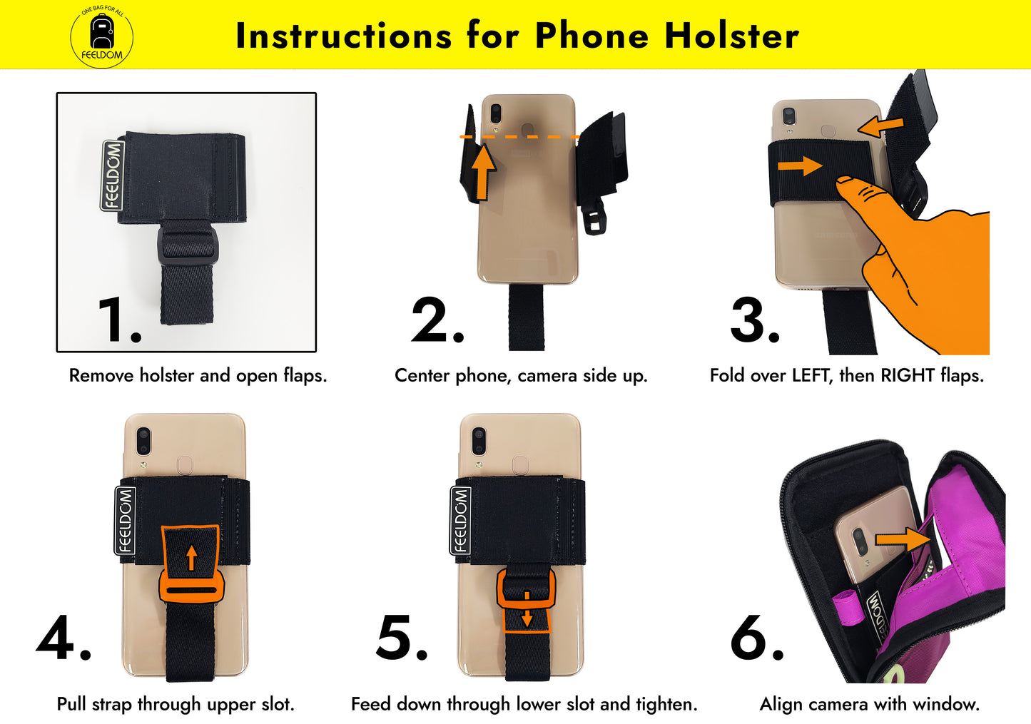 Instructions for putting the phone in its holster by folding the left and right sides of the main band around the center of the phone, camera side up, and then attaching it to the inside of the Navi Badge case, aligning the phone camera up to the small window in the upper front. The bottom strap of the holster can be adjusted to make the phone sit at the desired height.