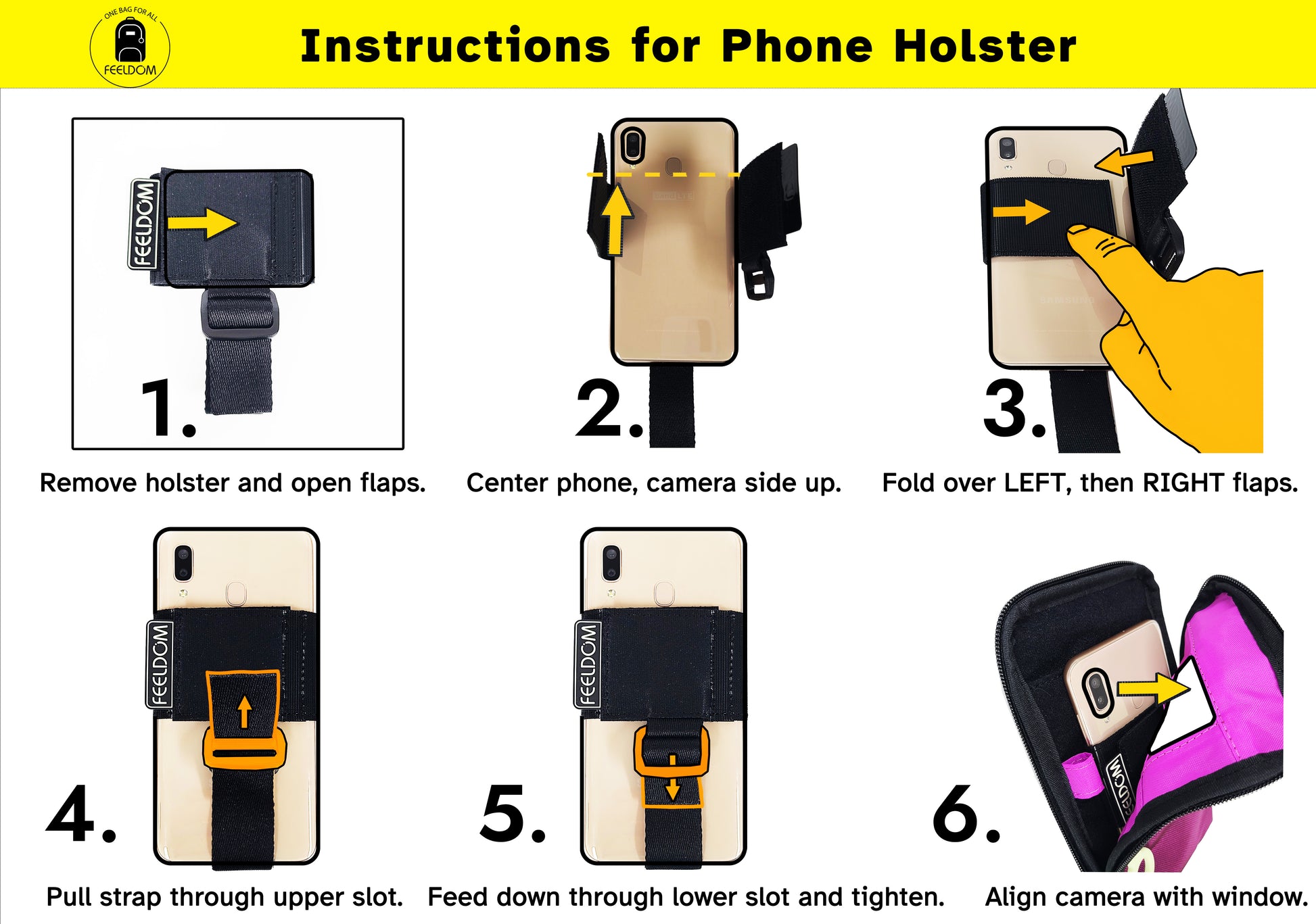 Instructions for putting the phone in its holster by folding the left and right sides of the main band around the center of the phone, camera side up, and then attaching it to the inside of the Navi Badge case, aligning the phone camera up to the small window in the upper front. The bottom strap of the holster can be adjusted to make the phone sit at the desired height.