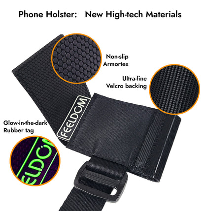 Details of the black phone holster that comes in the Navi Pouch, showing 3 important features: 
1. Non-slip armortex, rubber-coated neoprene fabric on the inside.
2. Ultra-fine velcro backing and closure that is thin, easy to touch and holds very strongly.
3. The Glow in the dark rubber FEELDOM logo label on the edge to make it easy to locate and open the holster.