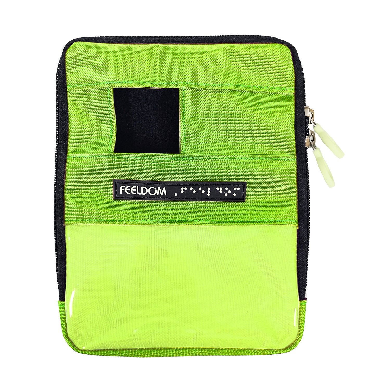 Front view of a bright yellowish-green zippered pouch with a small square phone camera window at the top and a clear plastic 3 X5 inch badge window along the lower half.
there are double ring zippers along the perimeter of the square pouch.