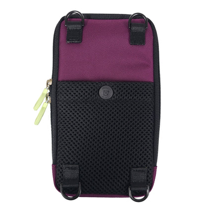 The back side of the Navi Pal shows a breathable black mesh padded pocket with a black snap closure at the top. There is a small D ring in each of the four corners to attach the neck and waist straps.