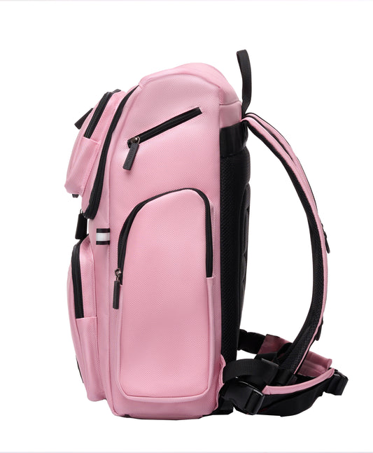 Star Backpack in Rose pink, side view showing zipper slot at the top side.